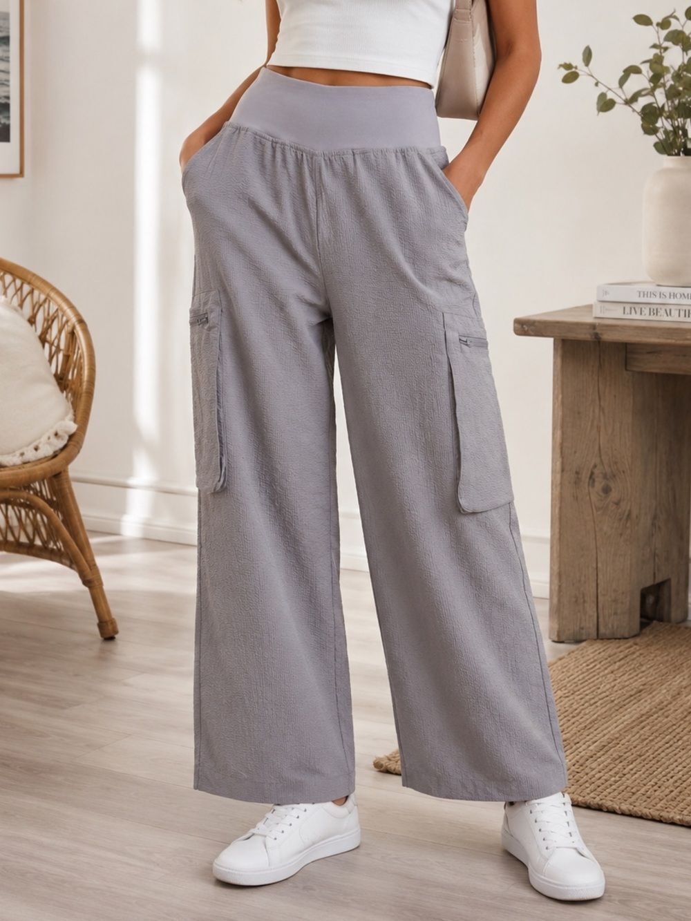 High-Rise Wide Leg Cargo Pants in Heather Gray - Picture 1 of 8